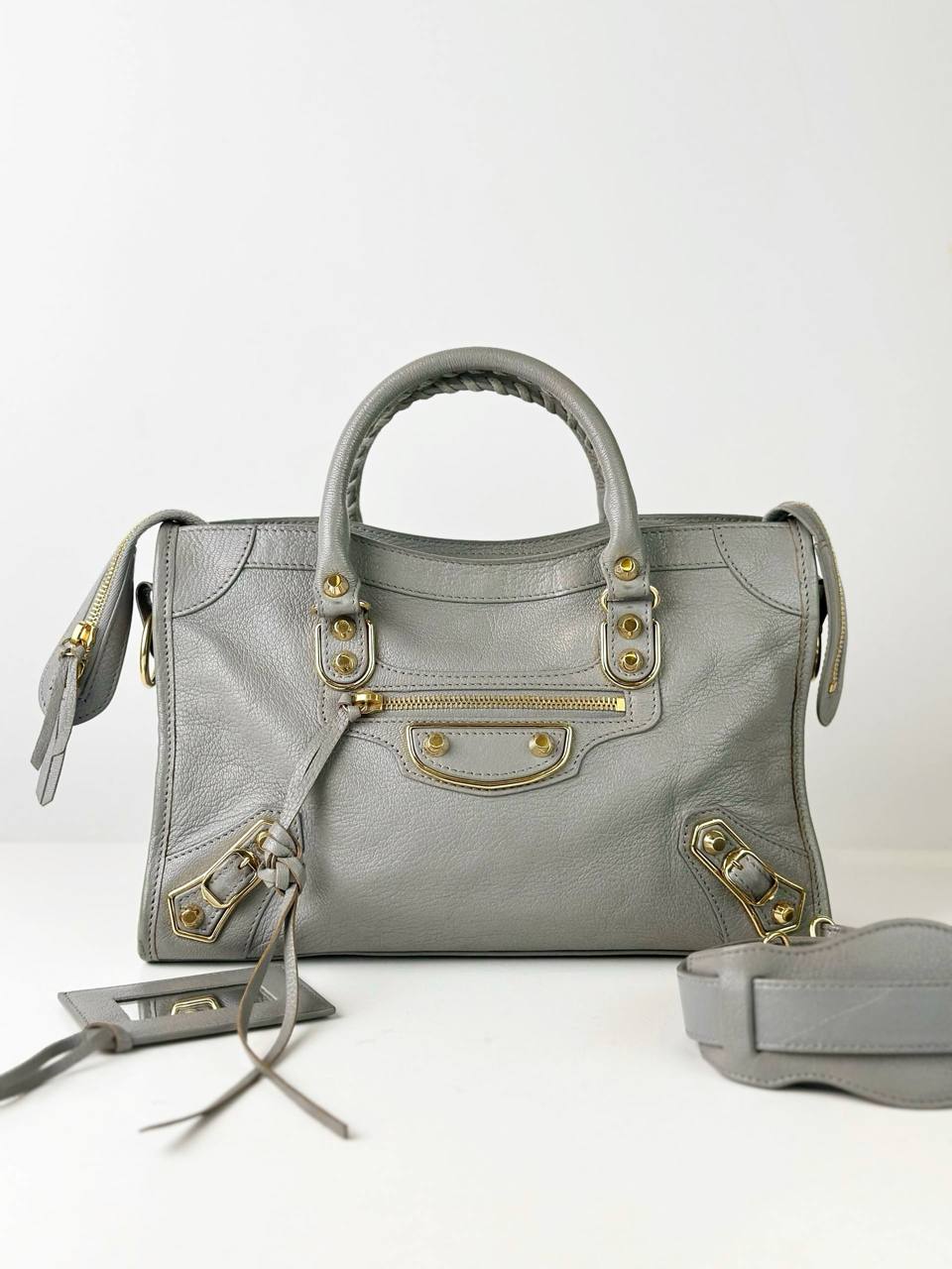 BALENCIAGA CITY GREY METALLIC EDGE SMALL HANDBAG WITH STRAP