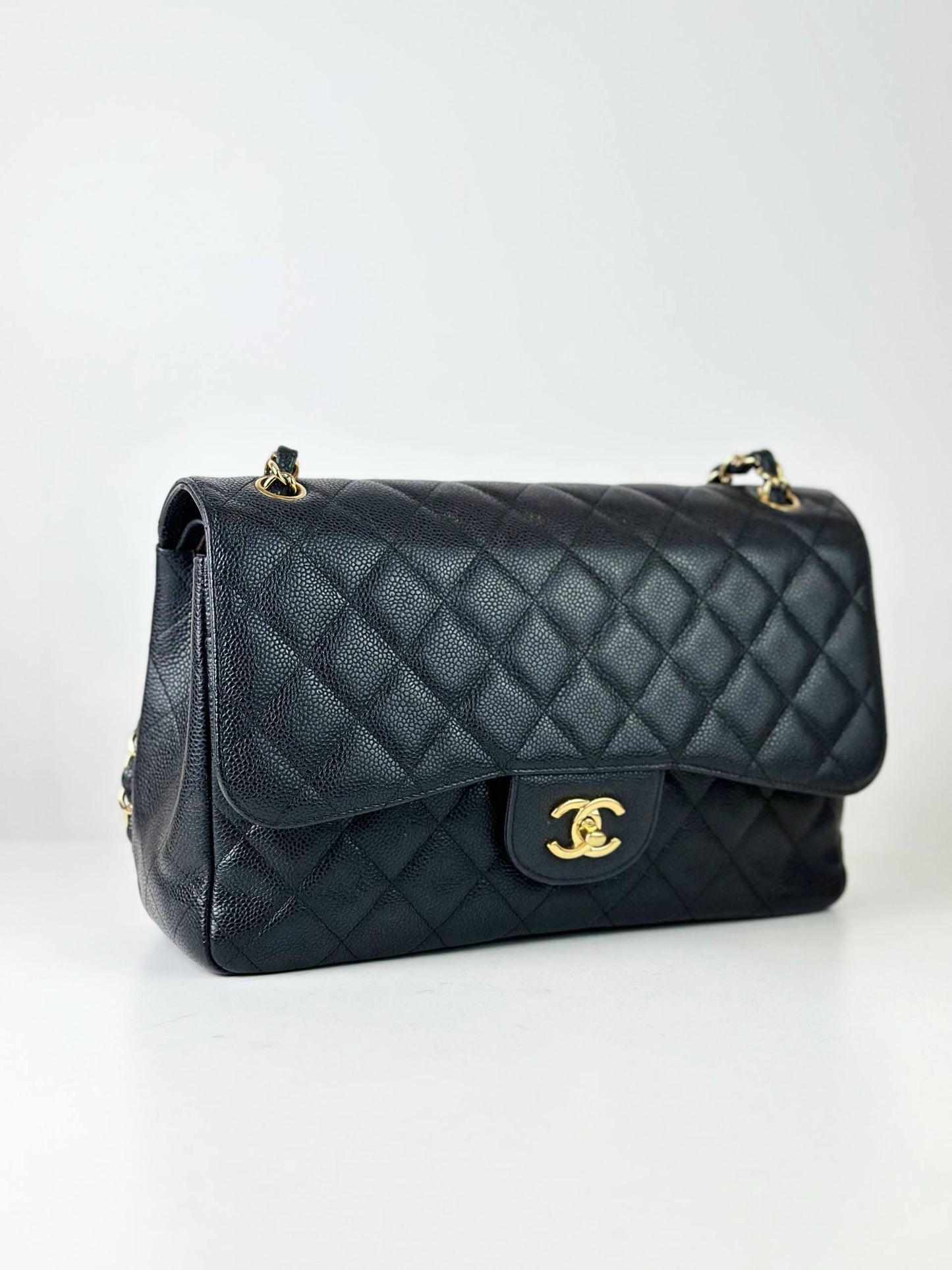 CHANEL CLASSIC FLAP BLACK CAVIAR JUMBO SHOULDER BAG GHW