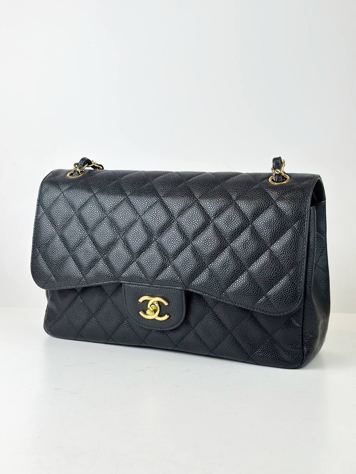 CHANEL CLASSIC FLAP BLACK CAVIAR JUMBO SHOULDER BAG GHW