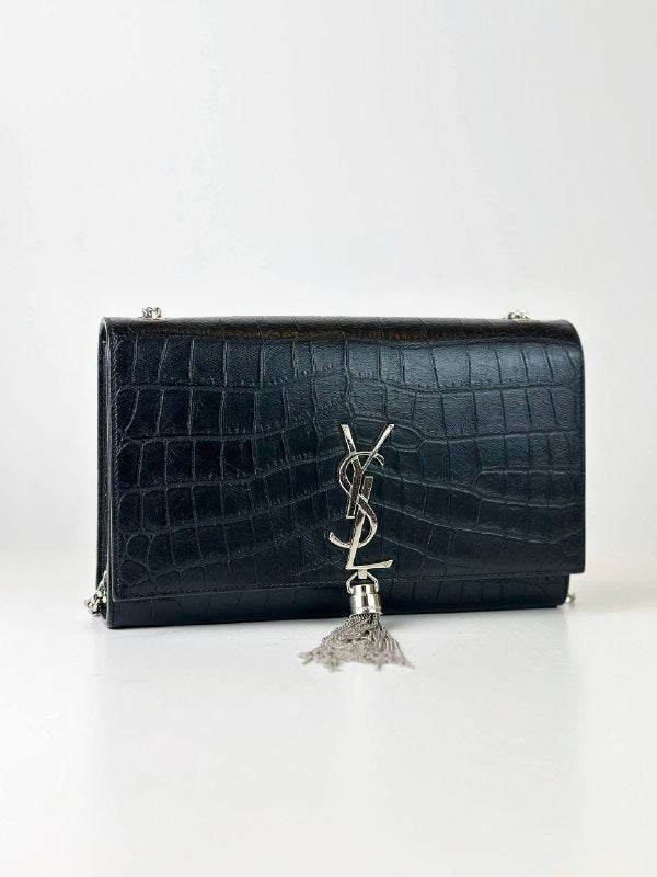 YSL KATE TASSEL CROCODILE EMBOSSED BLACK MEDIUM CROSSBODY BAG SHW