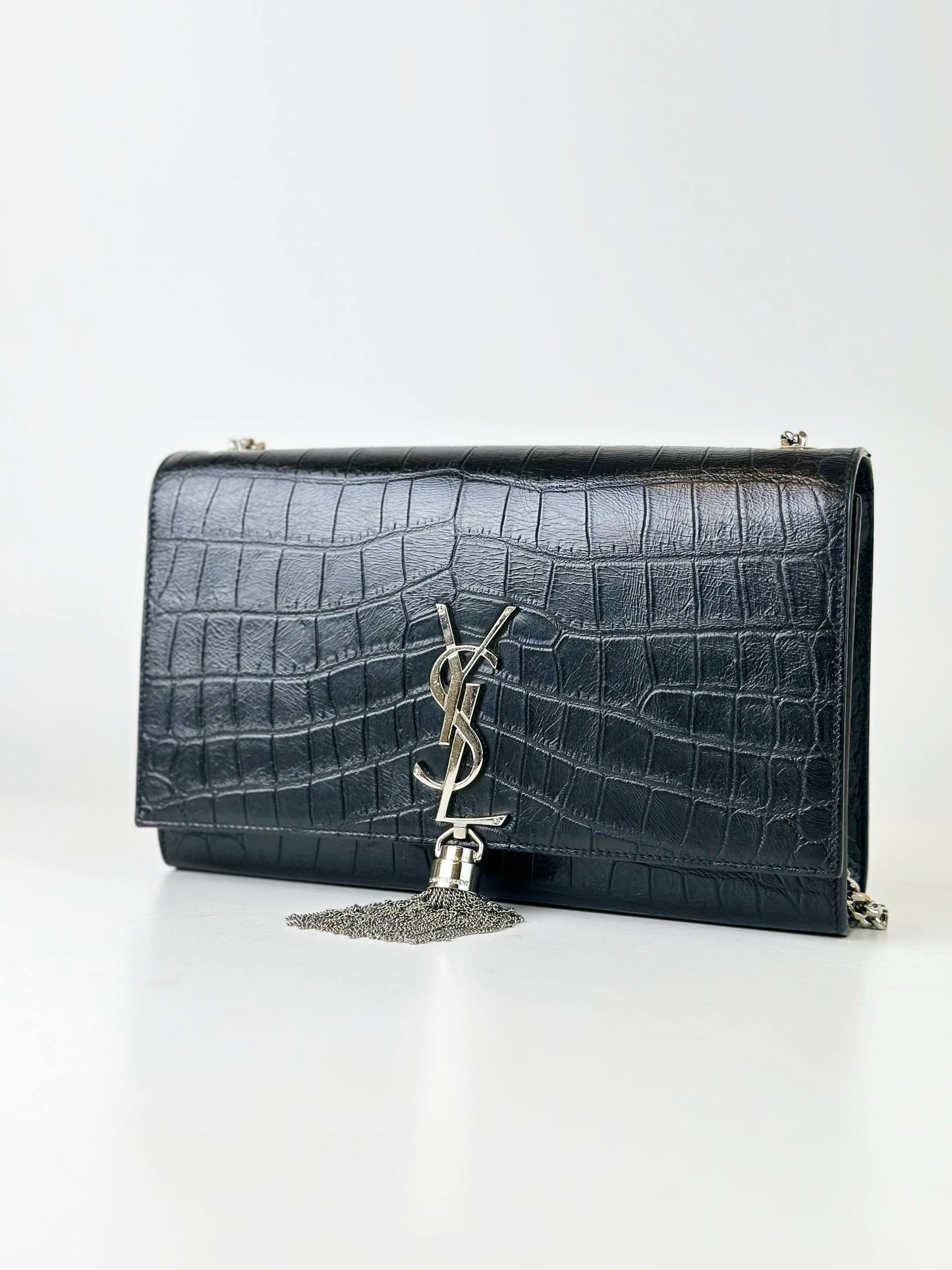 YSL KATE TASSEL CROCODILE EMBOSSED BLACK MEDIUM CROSSBODY BAG SHW