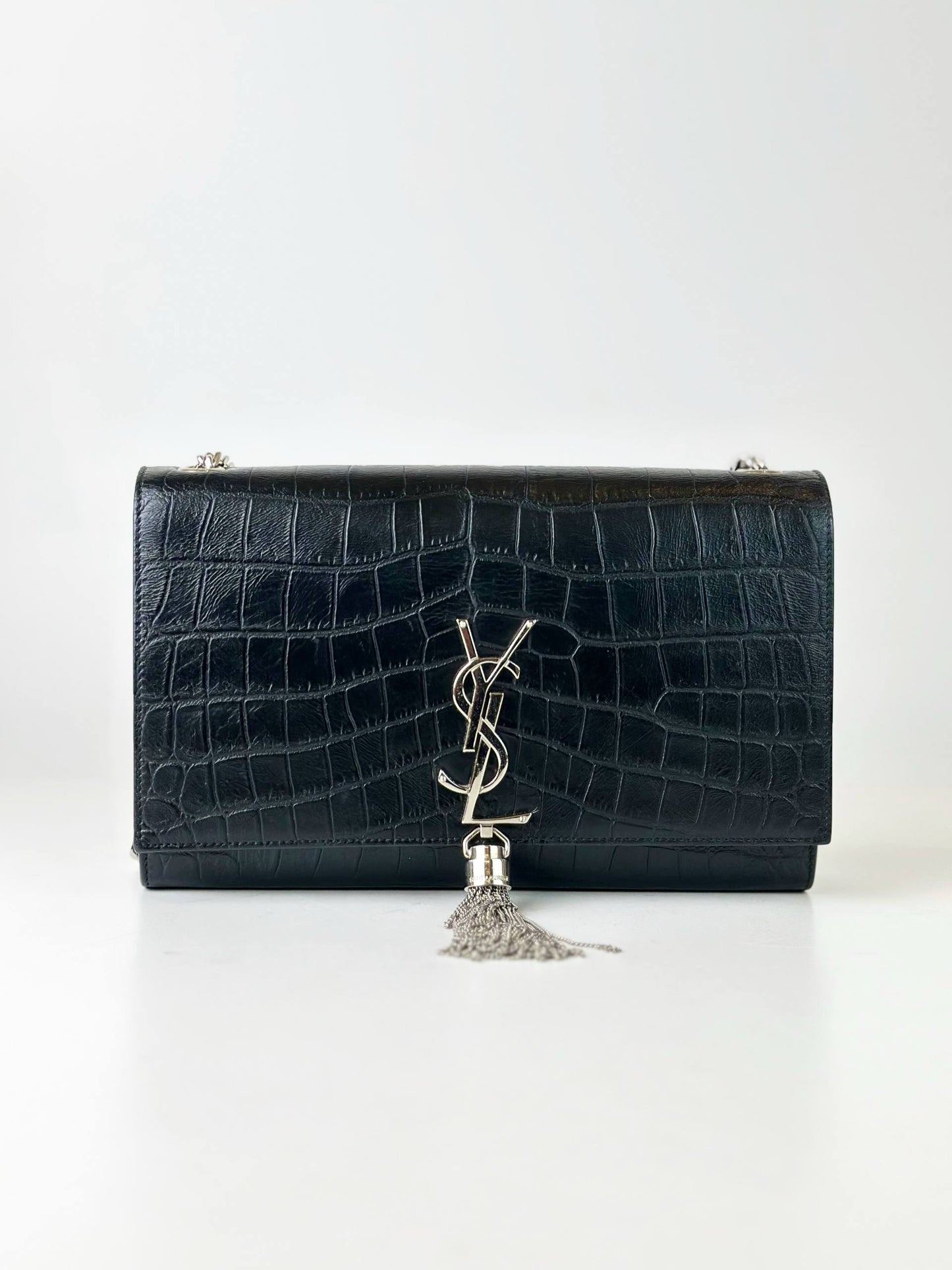 YSL KATE TASSEL CROCODILE EMBOSSED BLACK MEDIUM CROSSBODY BAG SHW