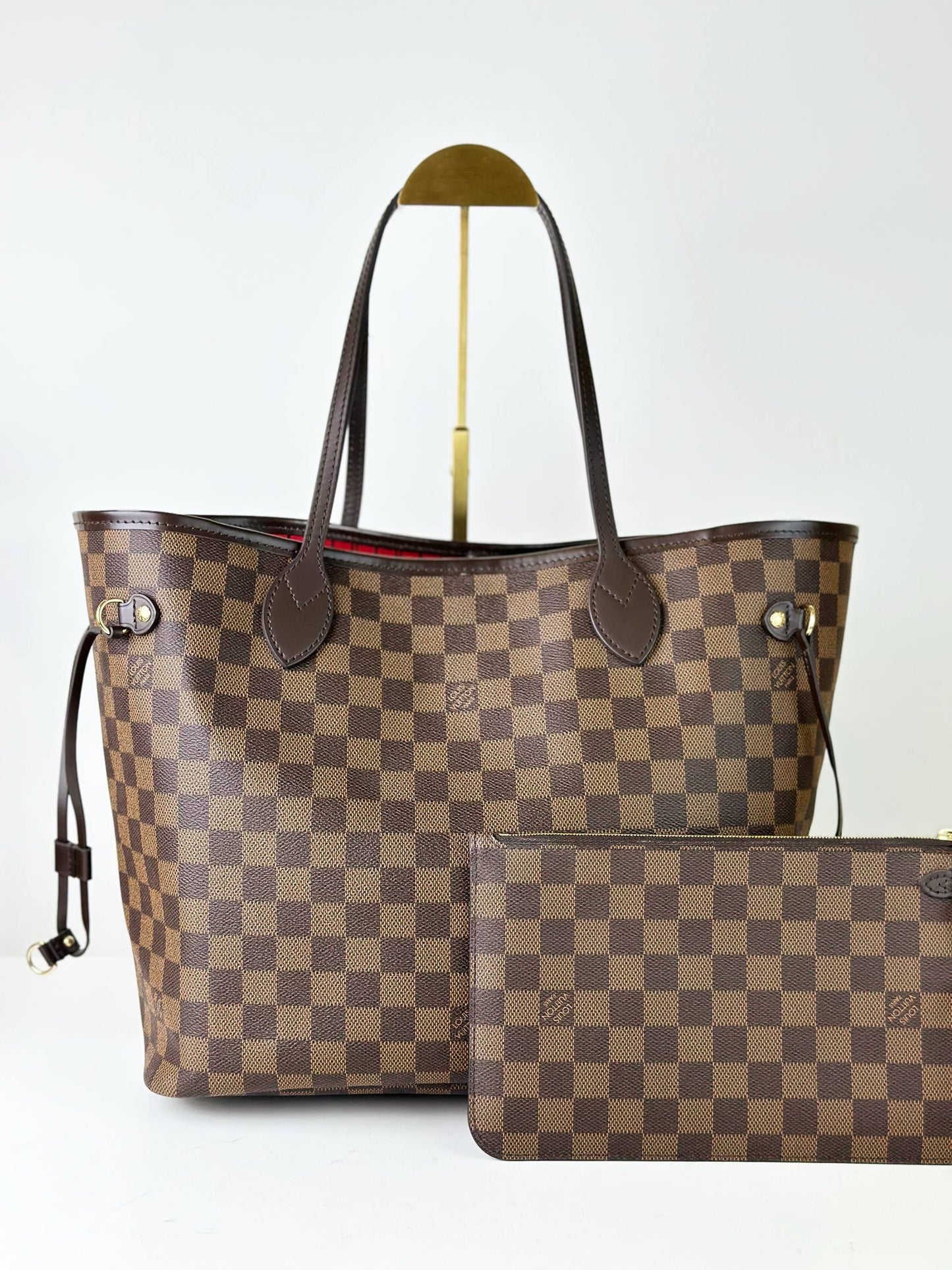 LOUIS VUITTON DAMIER EBENE NEVERFULL MM TOTE BAG WITH POUCH