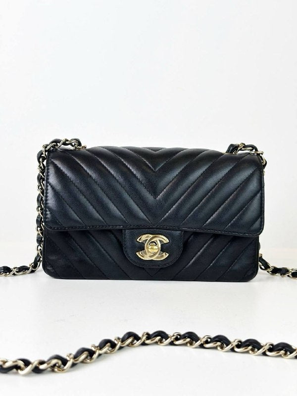 CHANEL MINI RECTANGULAR FLAP CHEVRON BLACK CROSSBODY BAG GHW