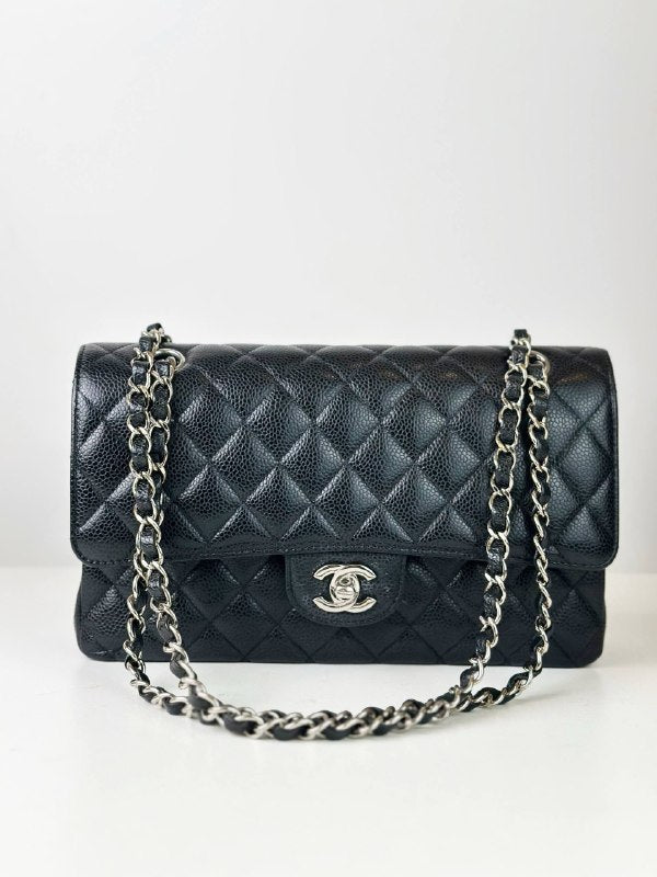 MICROCHIP CHANEL CLASSIC FLAP CAVIAR BLACK MEDIUM SHOULDER BAG SHW