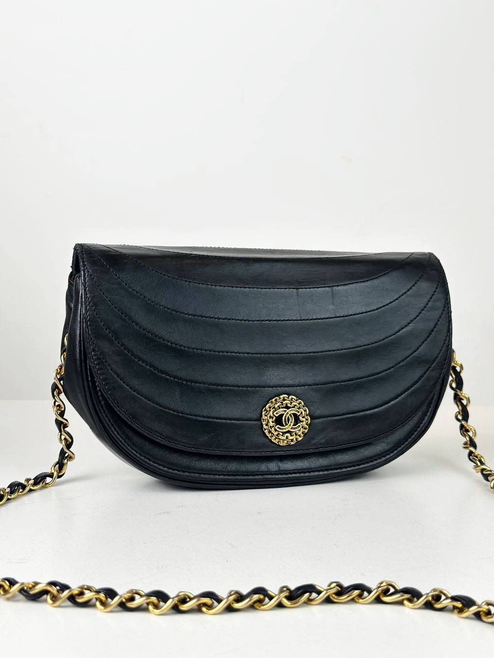 CHANEL VINTAGE HALF MOON BLACK FLAP CROSSBODY BAG