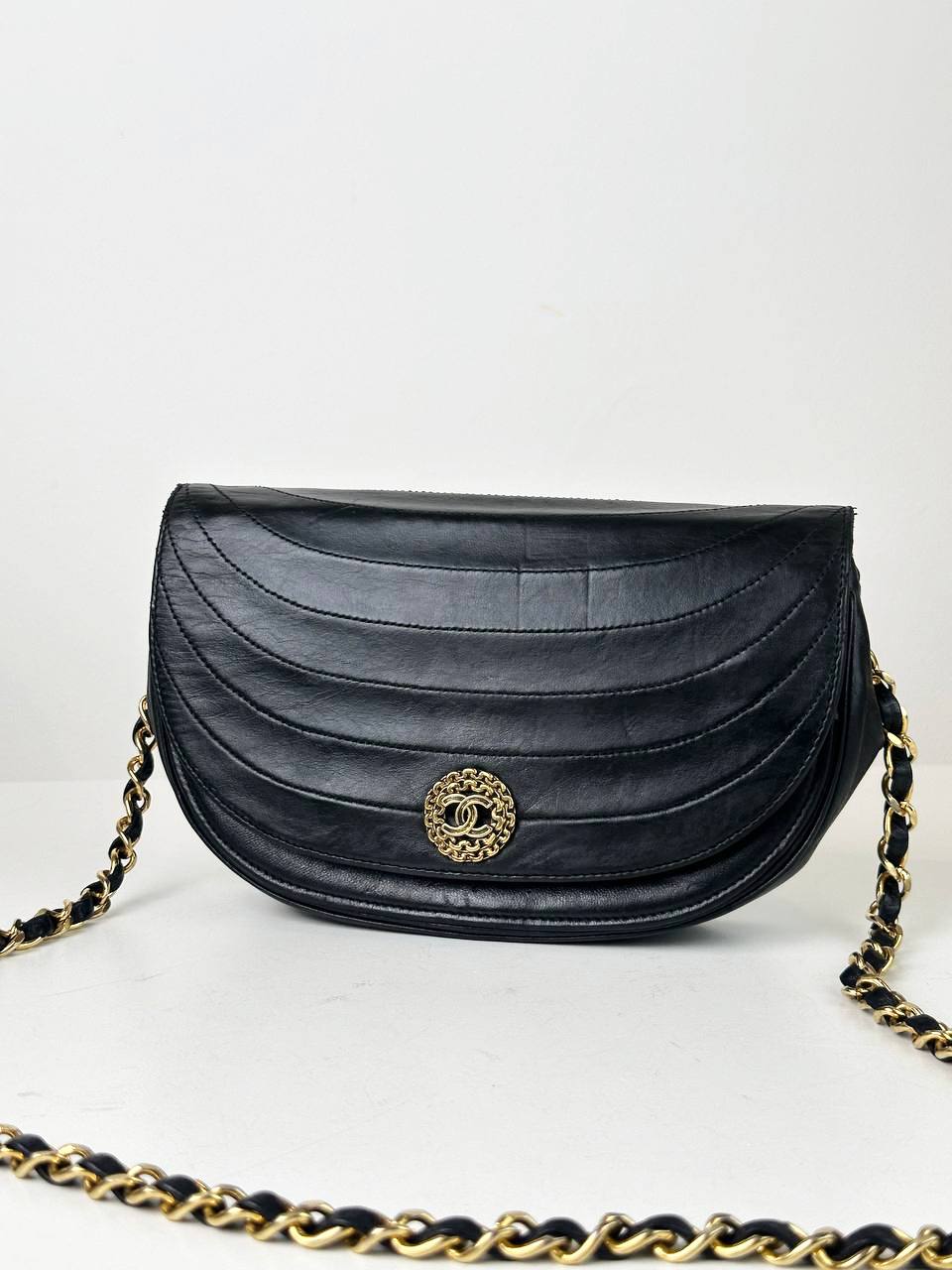 CHANEL VINTAGE HALF MOON BLACK FLAP CROSSBODY BAG