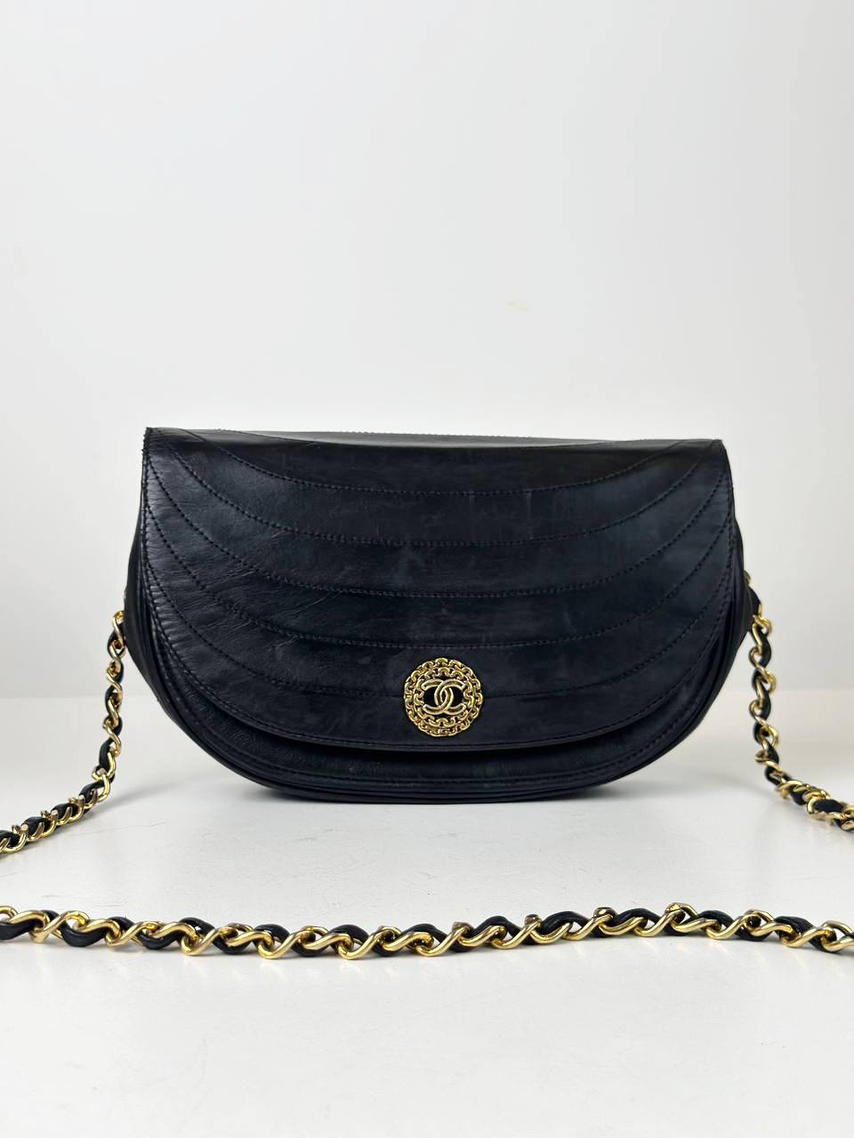 CHANEL VINTAGE HALF MOON BLACK FLAP CROSSBODY BAG