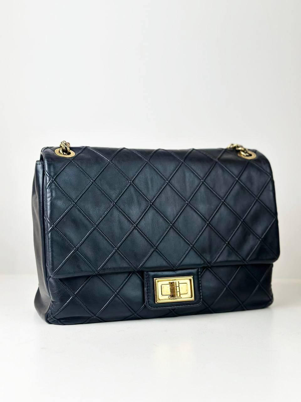CHANEL 2.55 REISSUE COSMOS DIAMOND DEBOSSED BLACK LARGE FLAP SHOULDER BAG