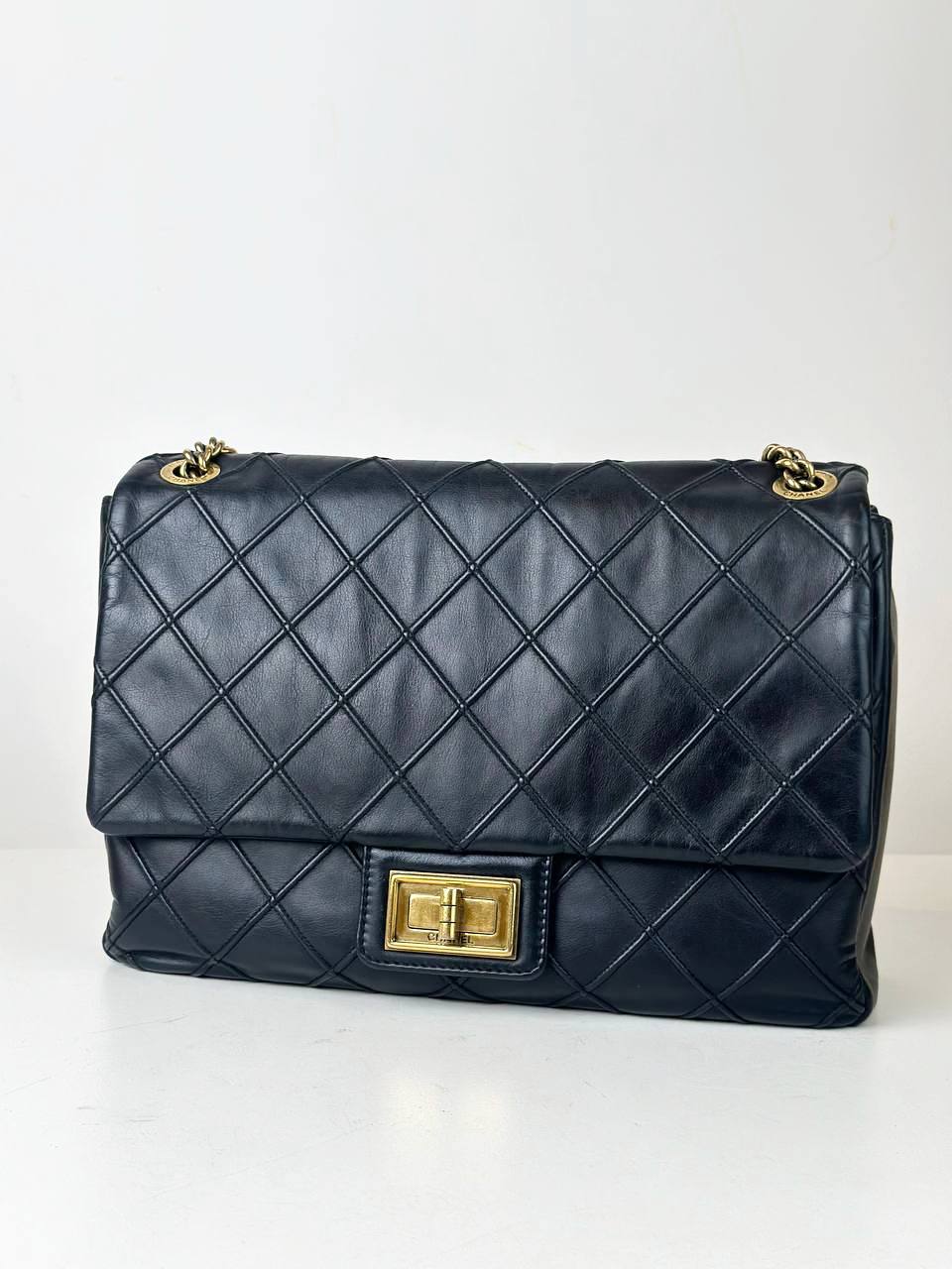 CHANEL 2.55 REISSUE COSMOS DIAMOND DEBOSSED BLACK LARGE FLAP SHOULDER BAG