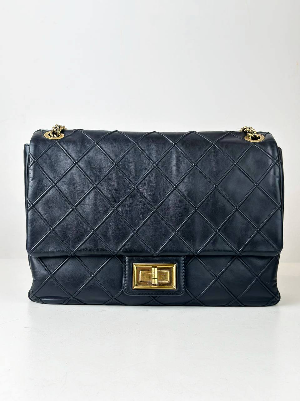 CHANEL 2.55 REISSUE COSMOS DIAMOND DEBOSSED BLACK LARGE FLAP SHOULDER BAG