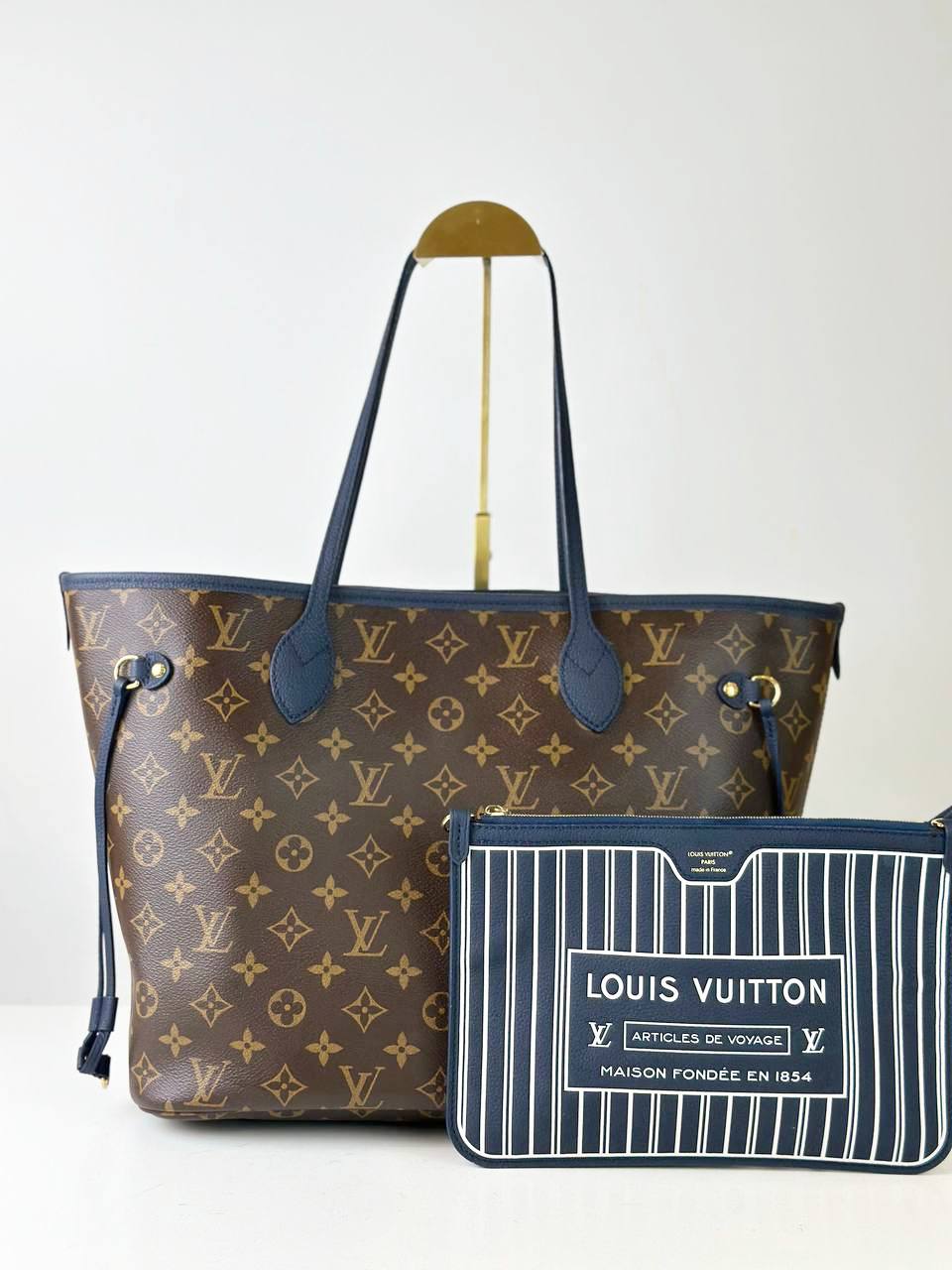 LOUIS VUITTON NEVERFULL MM INSIDE OUT NAVY BLUE MONOGRAM TOTE BAG WITH POUCH