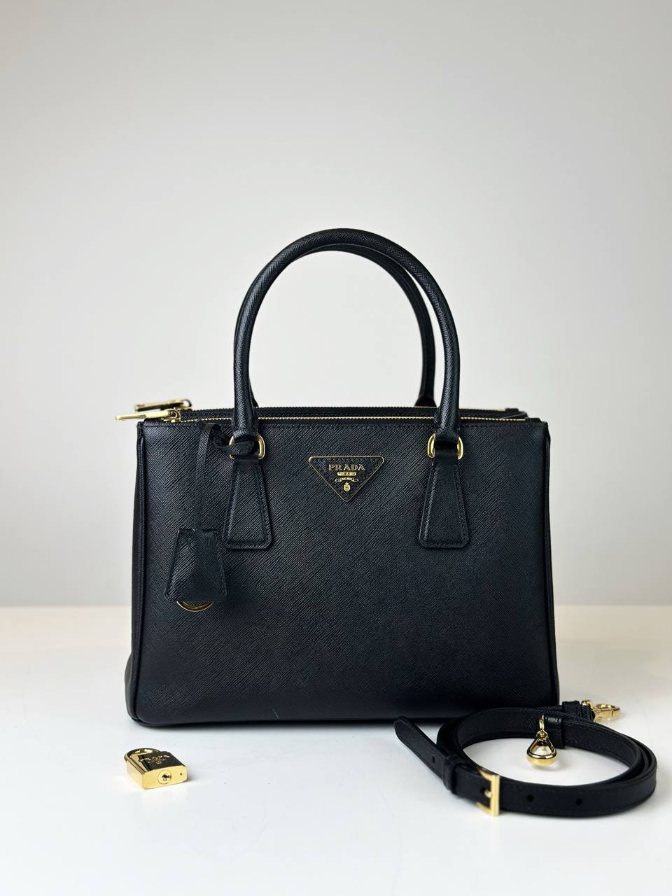 PRADA GALLERIA SAFFIANO LEATHER SMALL BLACK TOP HANDLE BAG
