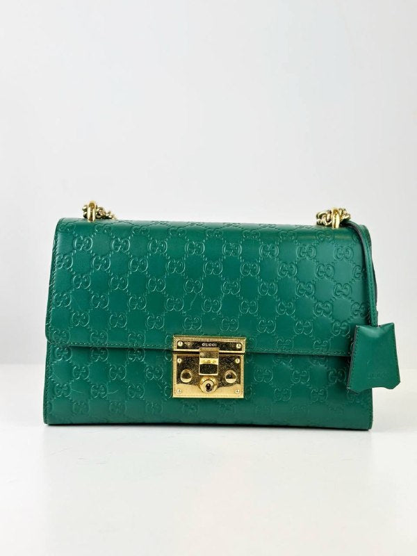 GUCCI GUCCISSIMA GREEN PADLOCK MEDIUM SHOULDER BAG
