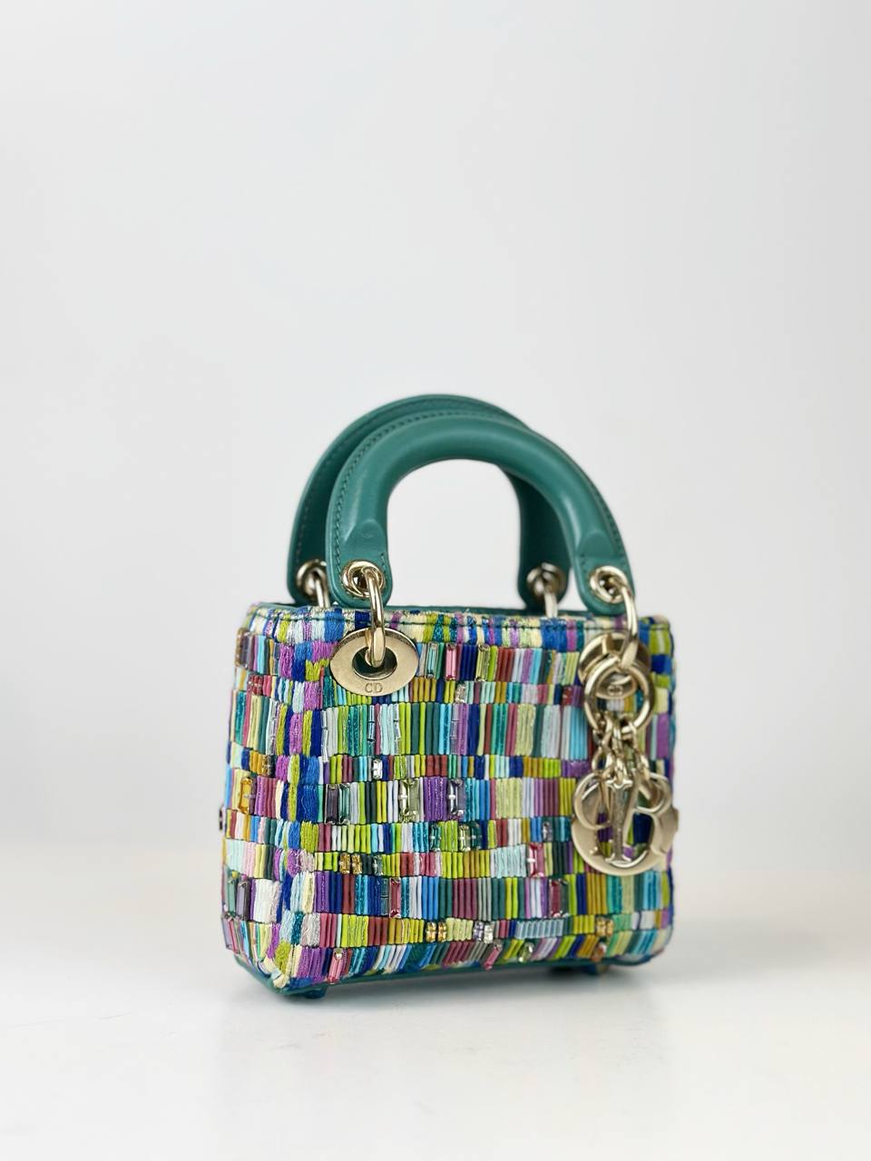 DIOR LADY DIOR ART 7 MINJUNG KIM BEADED TEAL MICRO HANDBAG