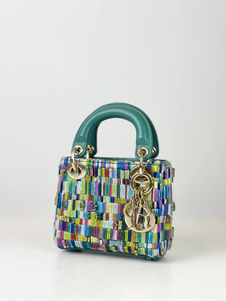 DIOR LADY DIOR ART 7 MINJUNG KIM BEADED TEAL MICRO HANDBAG