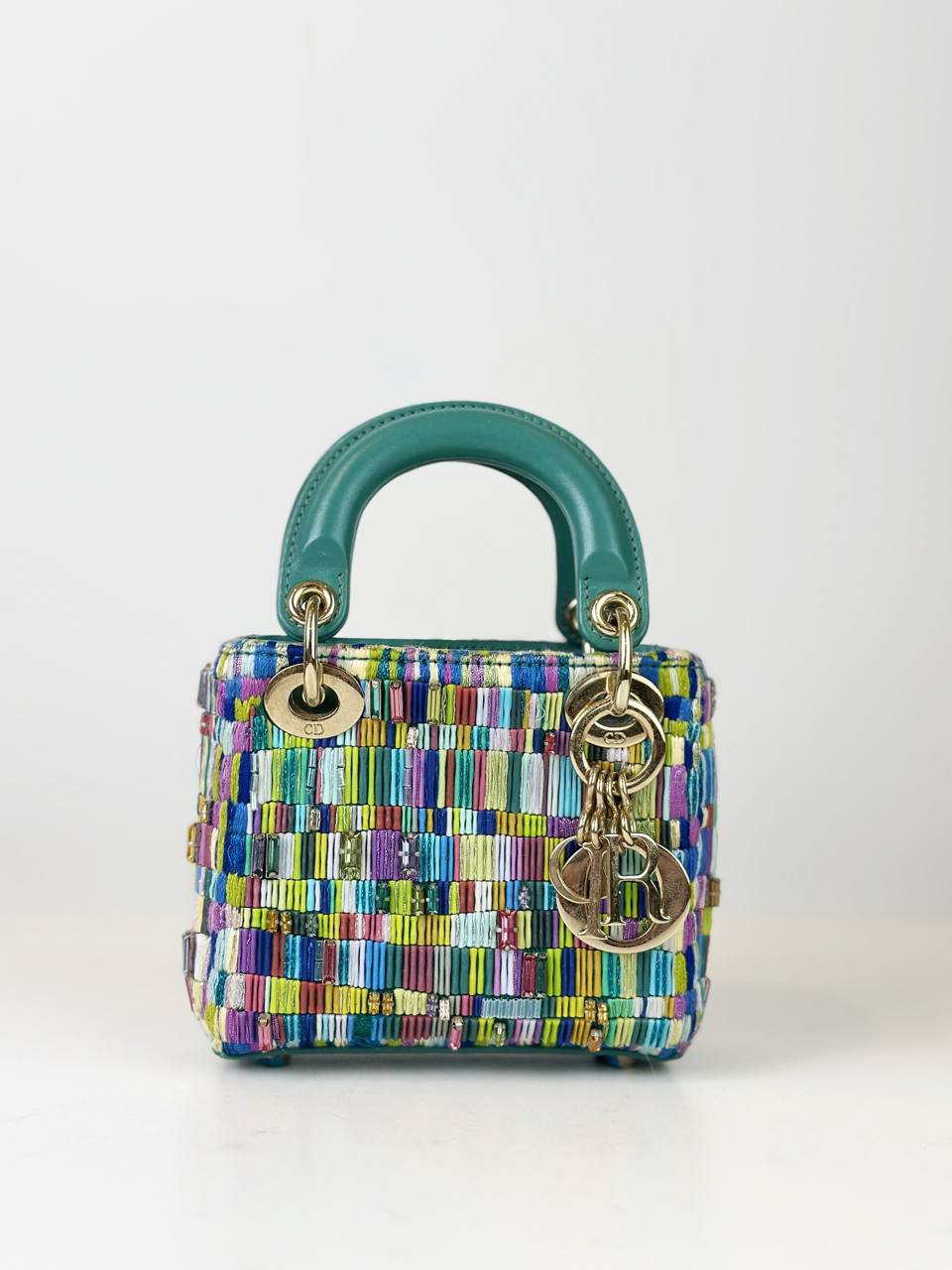 DIOR LADY DIOR ART 7 MINJUNG KIM BEADED TEAL MICRO HANDBAG
