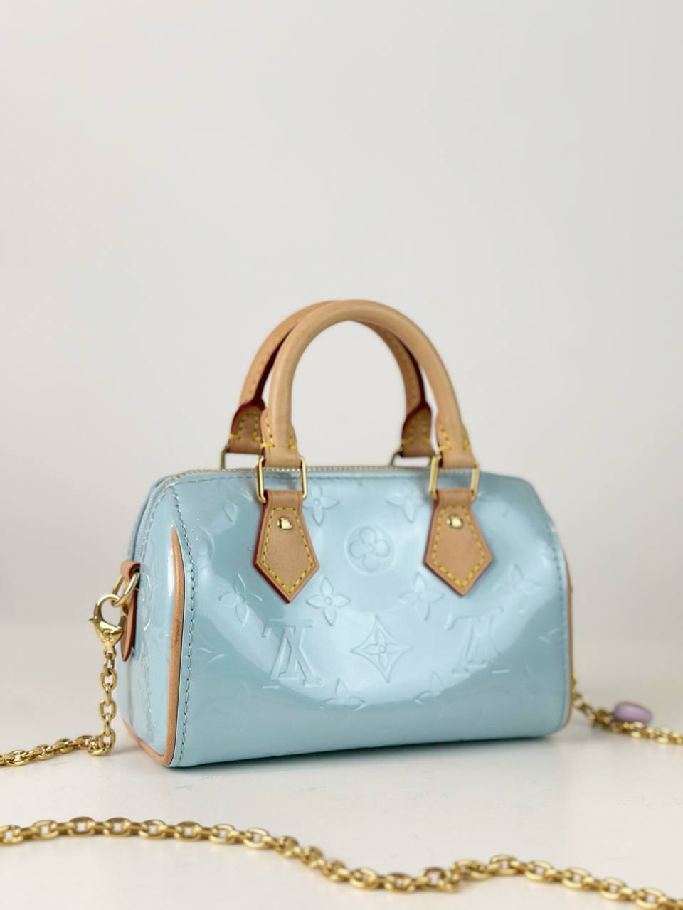 LOUIS VUITTON NANO SPEEDY SKY BLUE VERNIS CROSSBODY BAG