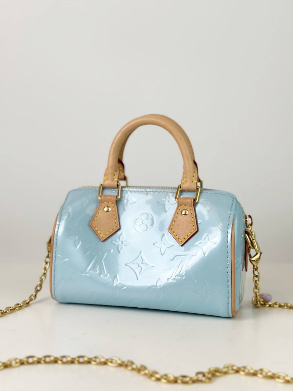 LOUIS VUITTON NANO SPEEDY SKY BLUE VERNIS CROSSBODY BAG