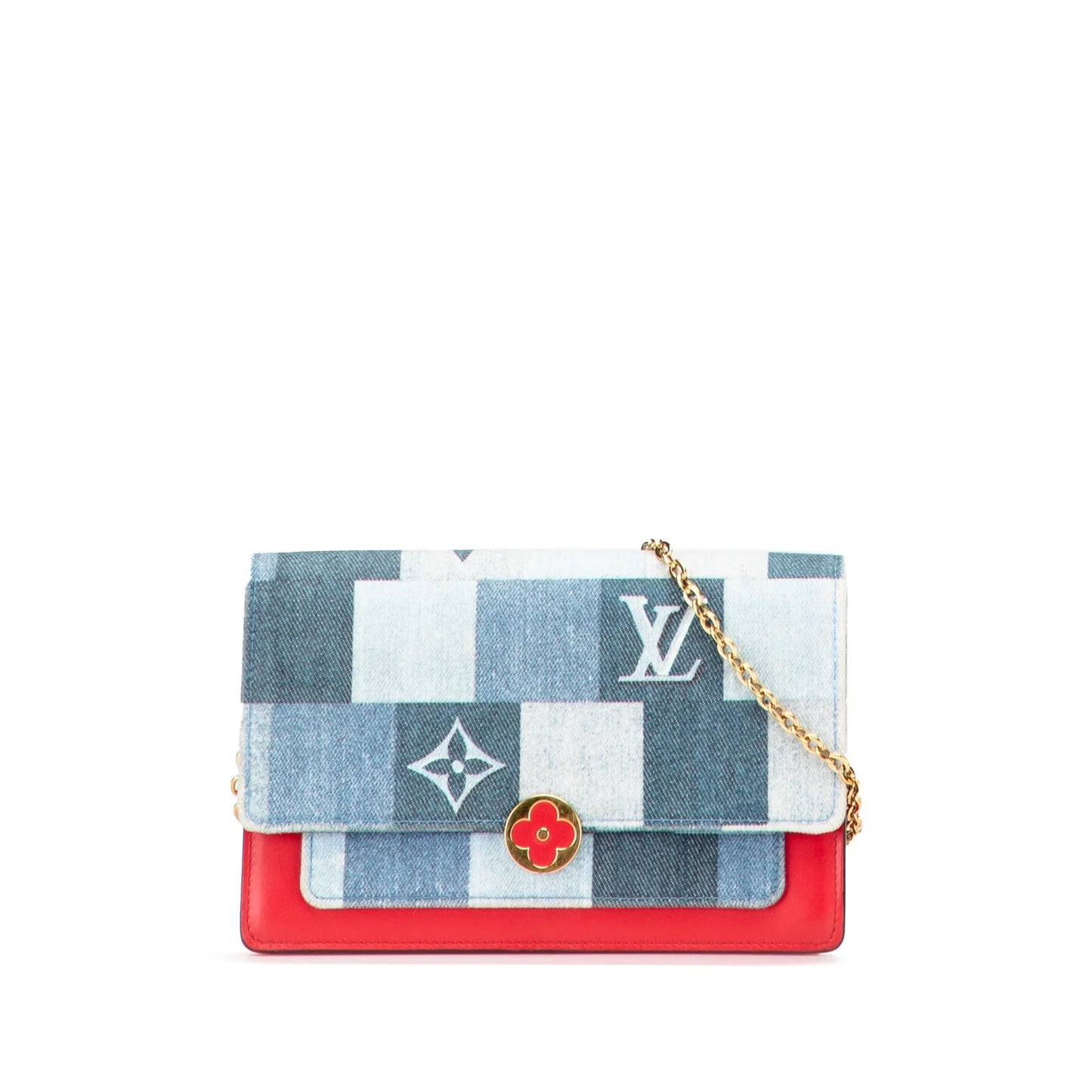 Blue Louis Vuitton Monogram Denim Patchwork Fiore Chain Wallet Crossbody Bag
