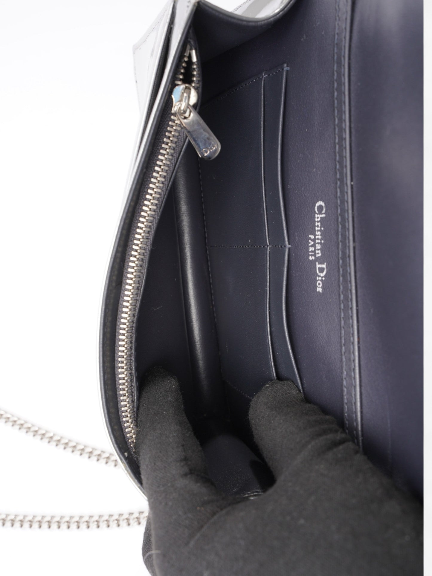 Diorama Wallet On Chain  Silver Patent Leather
