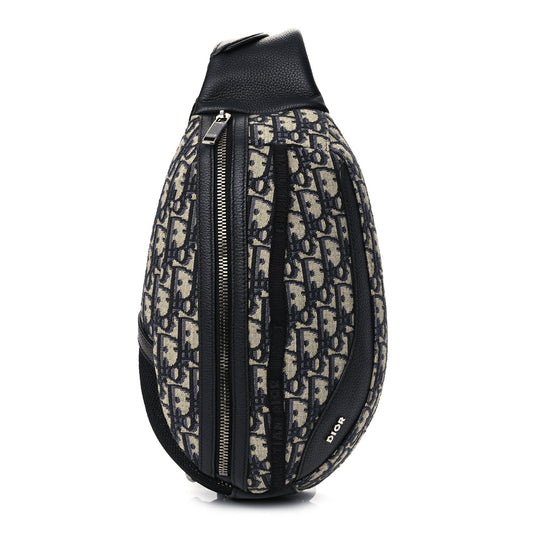 Christian Dior Grained Calfskin Oblique Scarab Sling Bag Blue Black