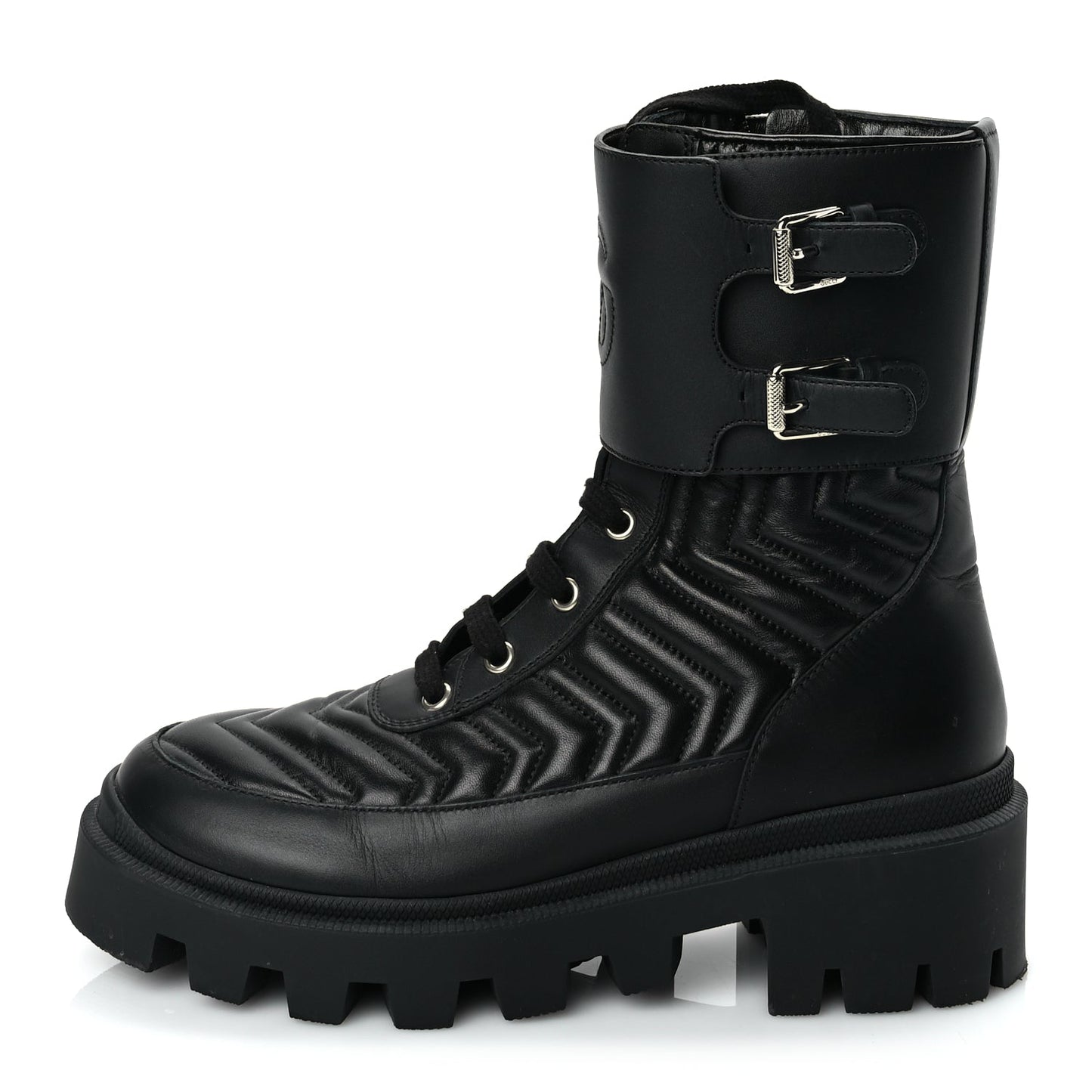 Gucci Nappa Frances GG Matelasse Platform Combat Boots 37 Black