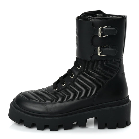 Gucci Nappa Frances GG Matelasse Platform Combat Boots 37 Black
