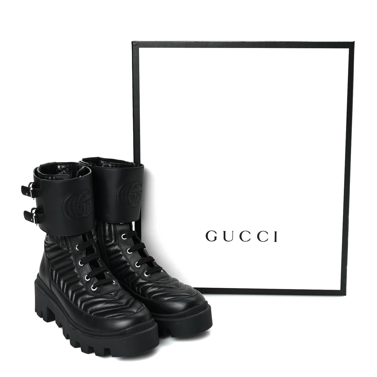 Gucci Nappa Frances GG Matelasse Platform Combat Boots 37 Black