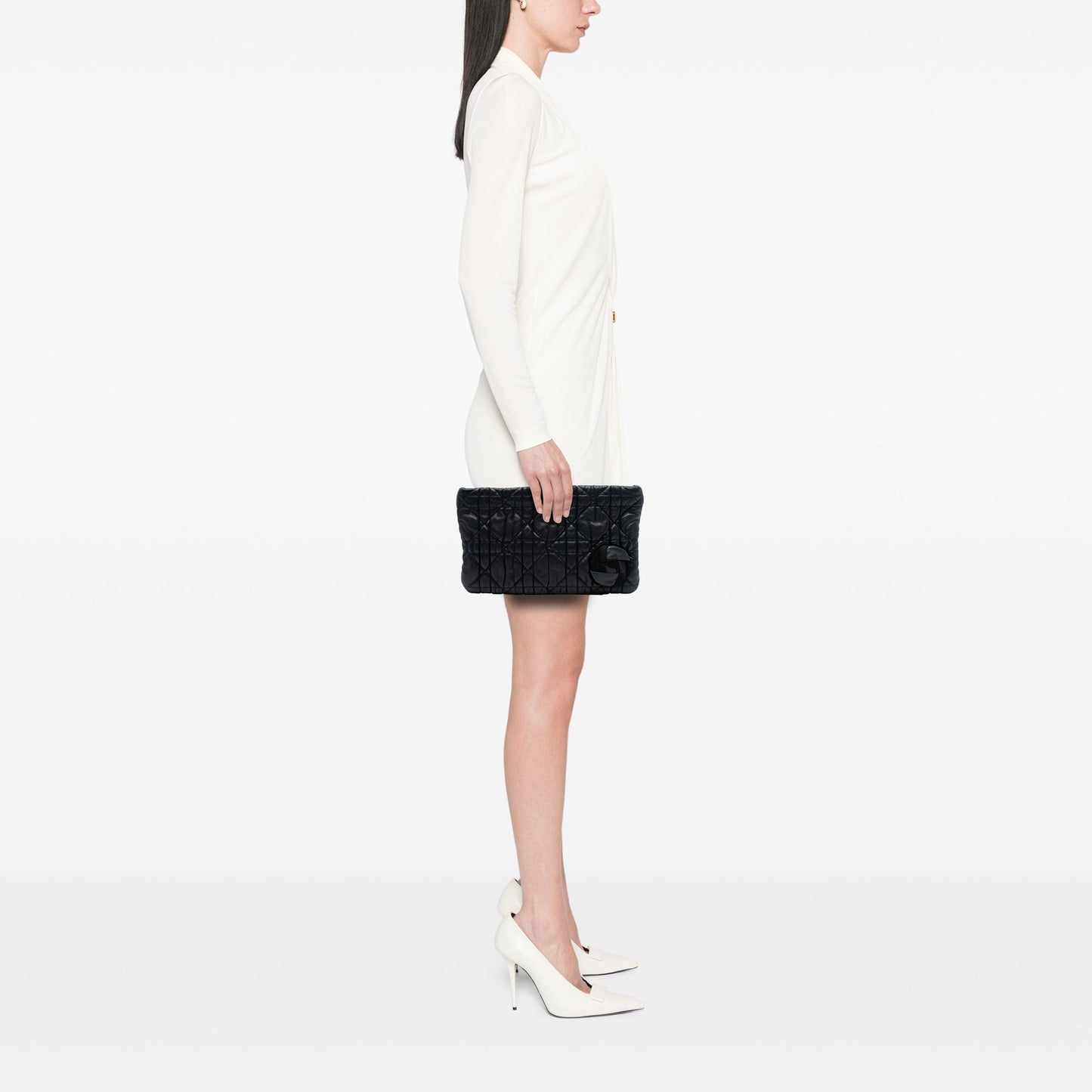 Black Dior Calfskin Cannage Rose Clutch
