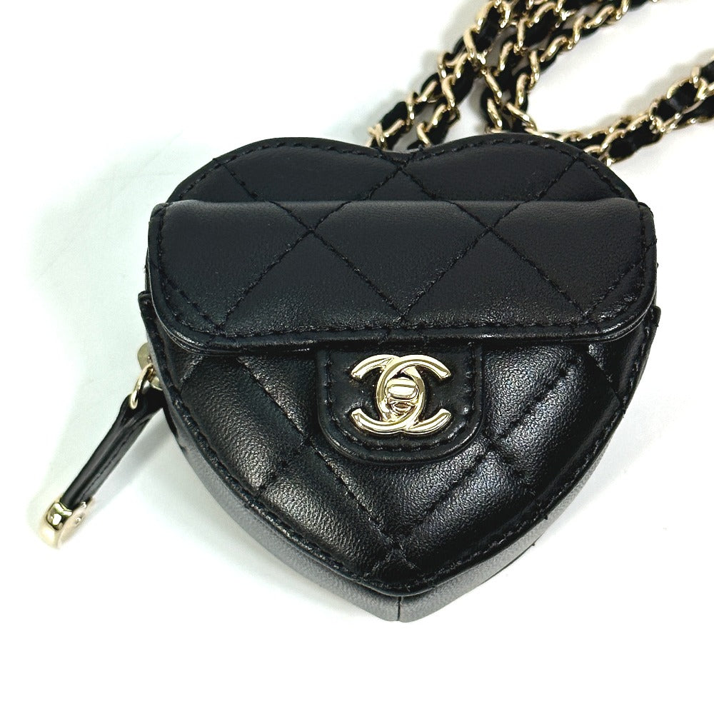 CHANEL Wallet Chain AP2783 Lambskin, Leather black Coin case Necklace COCO Mark CC Neck Strap mini heart shape Women
