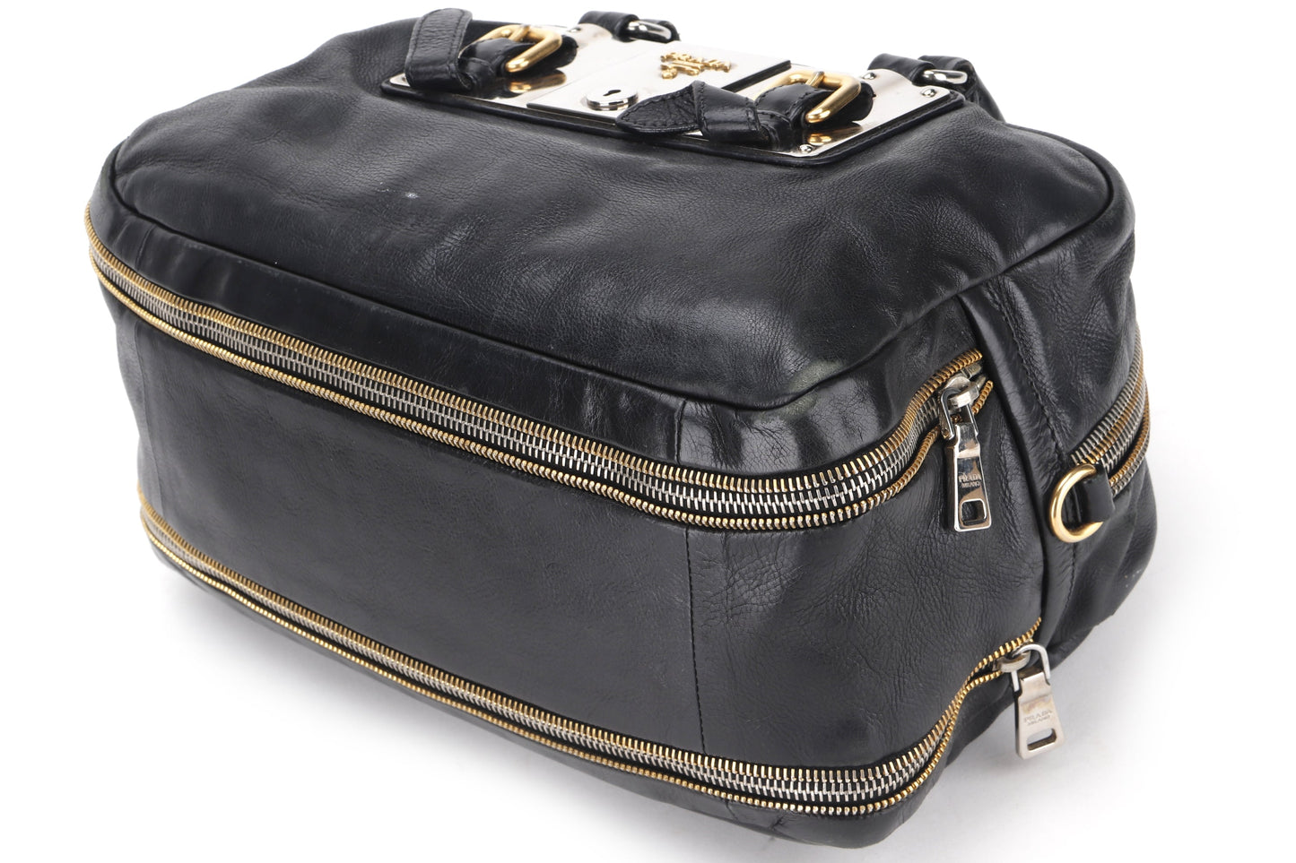 PRADA PLAQUE ZIPPERS BAULETTO BAG DARK BLUE GLACE CALF LEATHER SILVER MIX GOLD HARDWARE, WITH CARD, NO DUST COVER