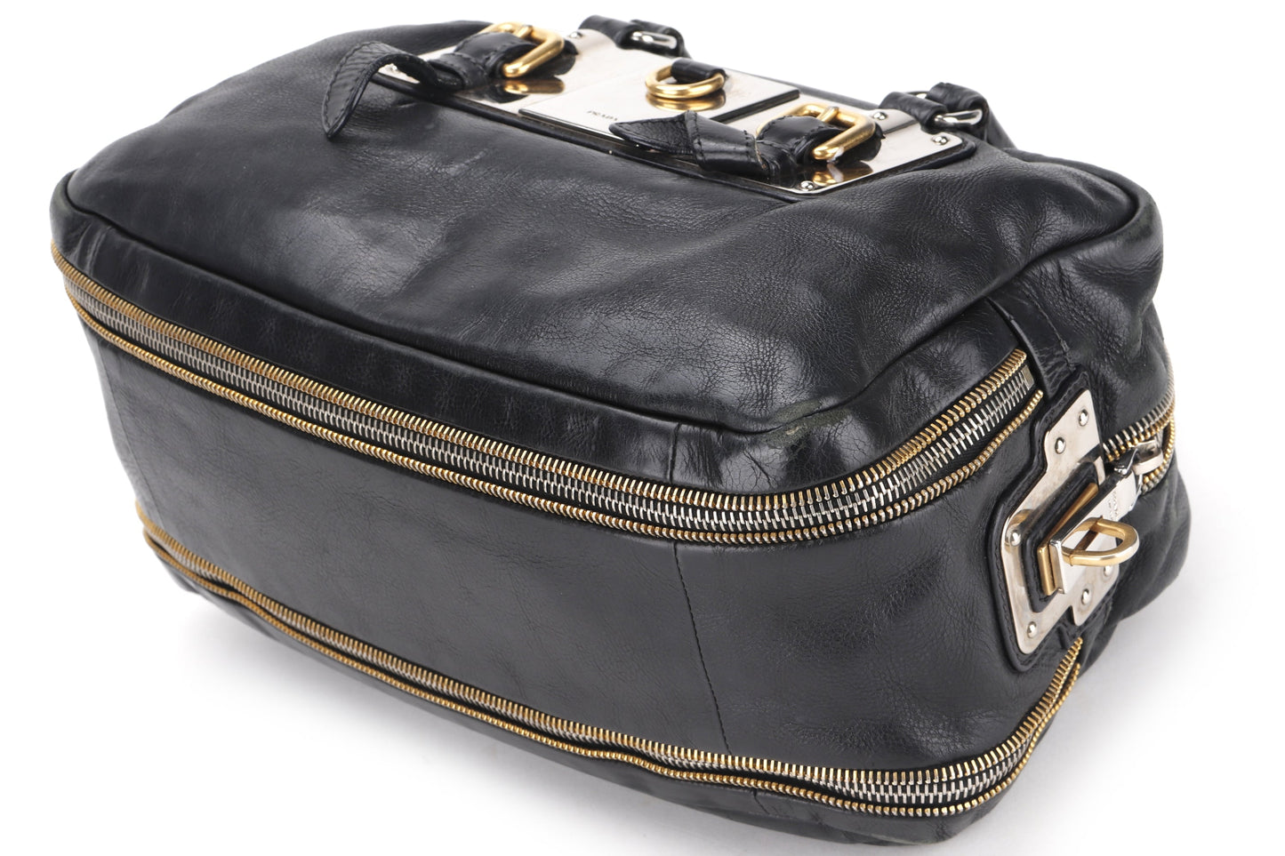 PRADA PLAQUE ZIPPERS BAULETTO BAG DARK BLUE GLACE CALF LEATHER SILVER MIX GOLD HARDWARE, WITH CARD, NO DUST COVER