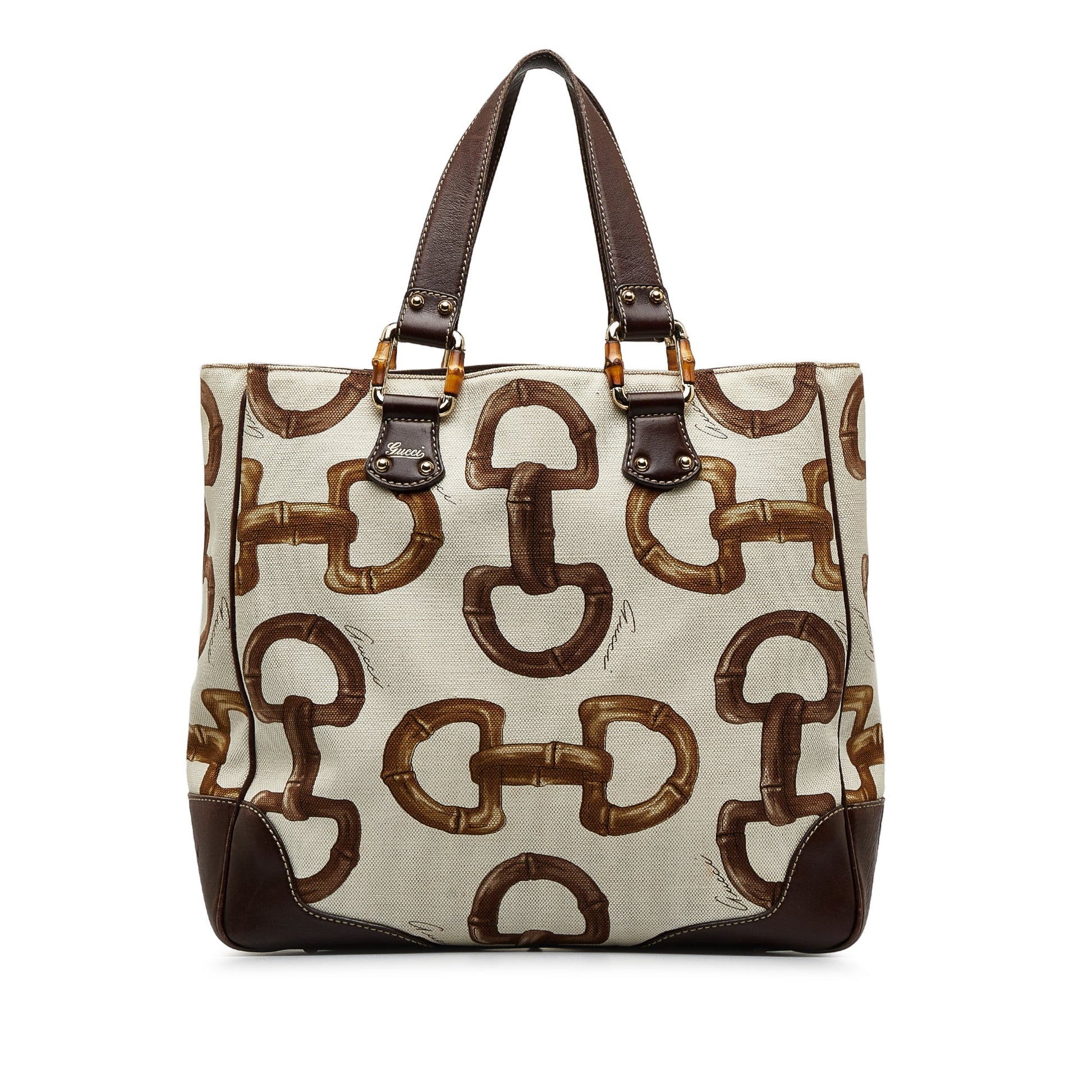 Gucci Horsebit White Leather Canvas Tote
