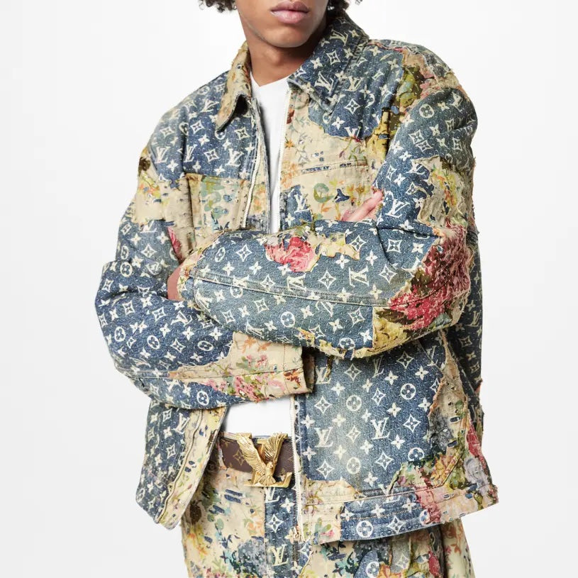 LOUIS VUITTON DISTRESSED DENIM MONOGRAM FLORAL WORKWEAR JACKET