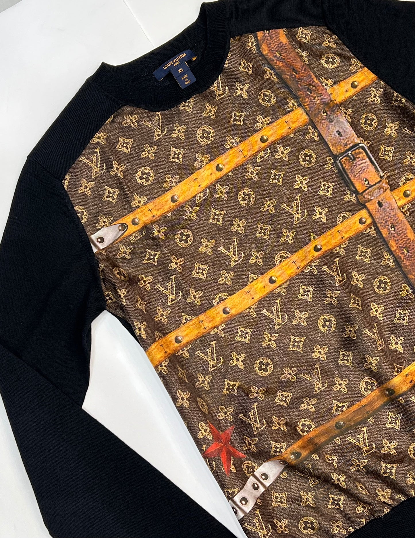 LOUIS VUITTON WOOL SILK TRUNK PRINT CREWNECK SWEATER