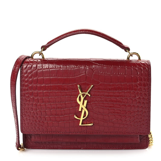 Saint Laurent Calfskin Crocodile Embossed Monogram Sunset Top Handle Chain Wallet Rouge Legion