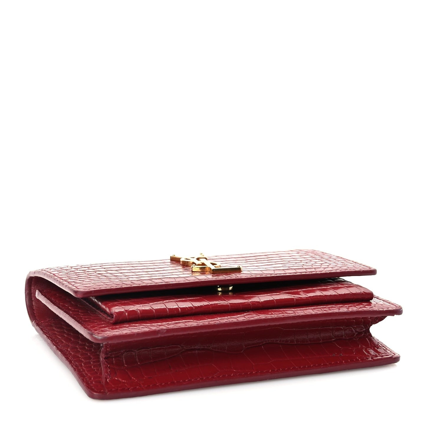 Saint Laurent Calfskin Crocodile Embossed Monogram Sunset Top Handle Chain Wallet Rouge Legion
