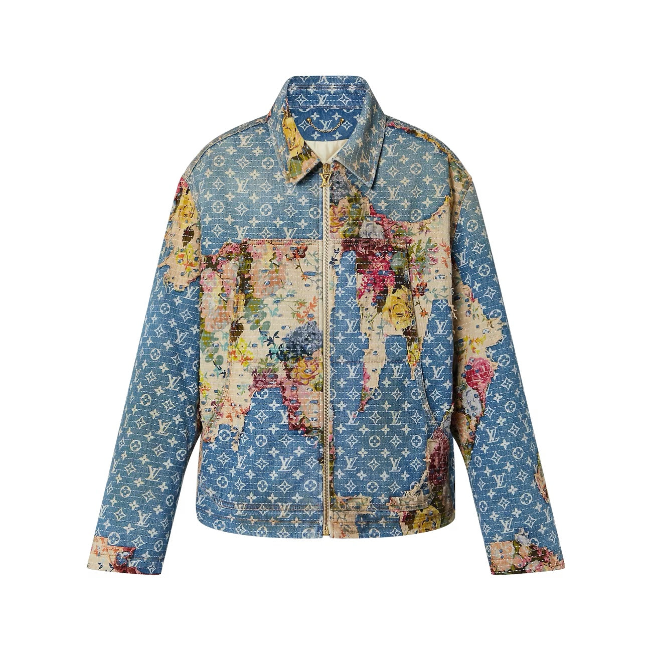 LOUIS VUITTON DISTRESSED DENIM MONOGRAM FLORAL WORKWEAR JACKET