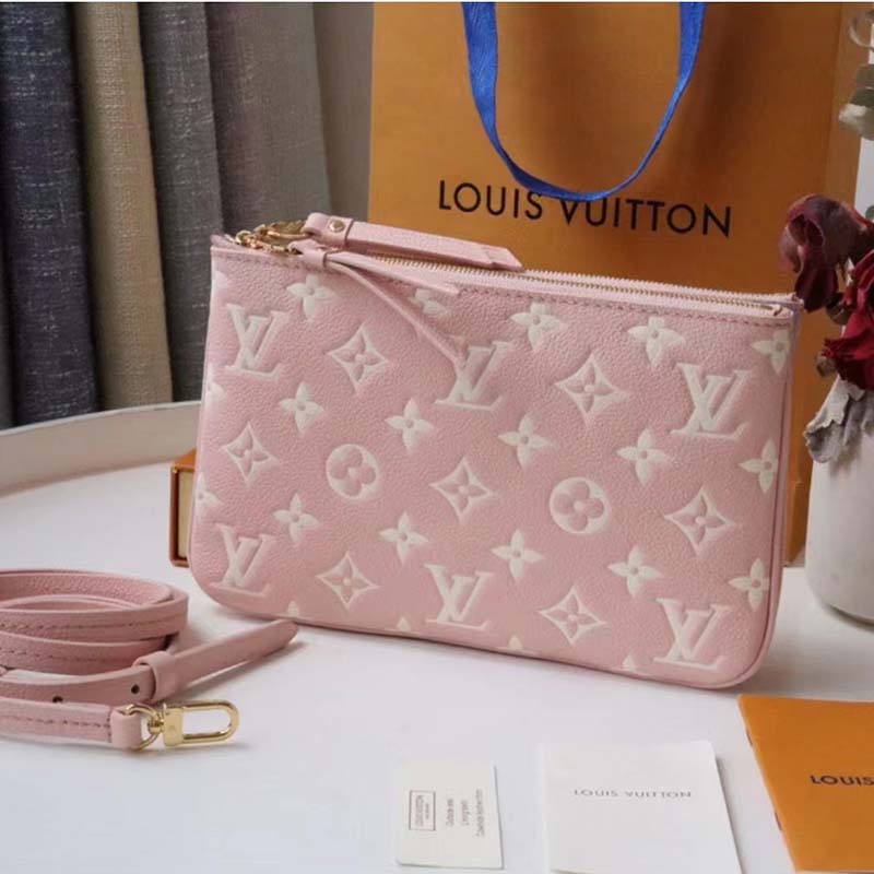 Louis Vuitton Double Zip Pochette Pink Monogram Empreinte Embossed Supple Grained Cowhide Clutch