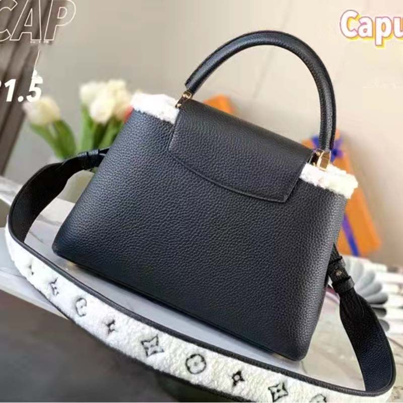 Louis Vuitton LV Women Capucines MM Bag Black Taurillon Leather Shearling Cowhide