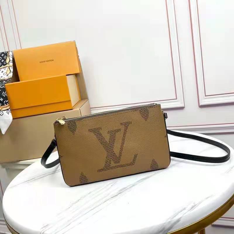 Louis Vuitton LV Unisex Double Zip Pochette Monogram Giant Reverse Monogram Coated Canvas Clutch