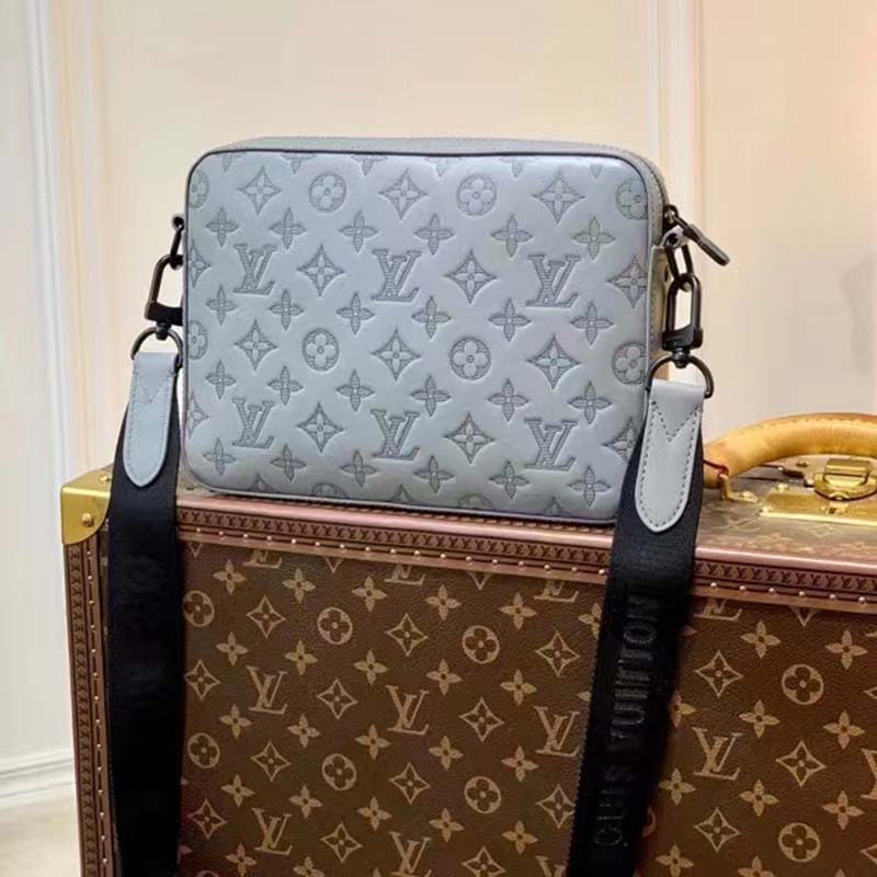 Louis Vuitton LV Unisex Duo Messenger Anthracite Gray Monogram Shadow Calf Leather Handbag
