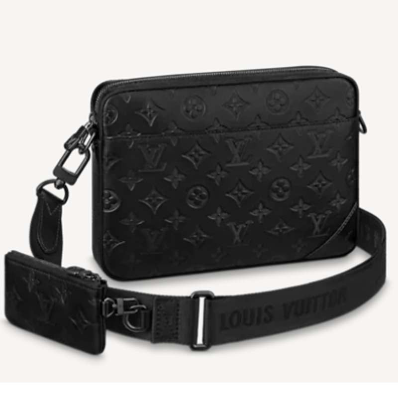 Louis Vuitton LV Unisex Duo Messenger Black Monogram Shadow Calf Leather Handbag