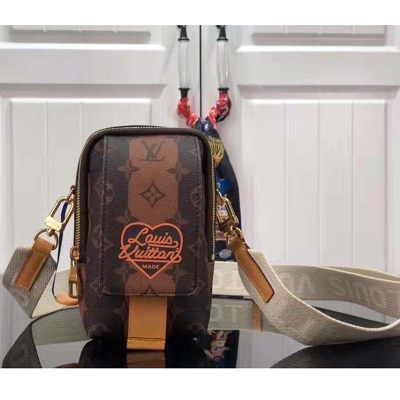 Louis Vuitton LV Unisex Flap Double Phone Pouch Monogram Stripes Brown Coated canvas Clutch