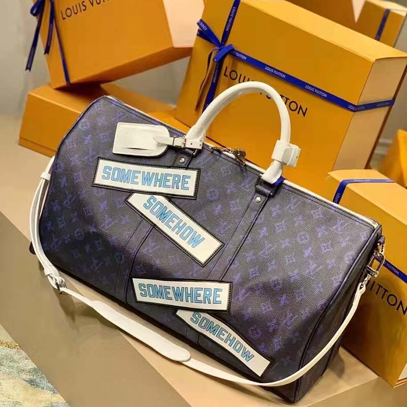 Louis Vuitton LV Unisex Keepall Bandoulière 50 Travel Bag Blue Monogram Canvas