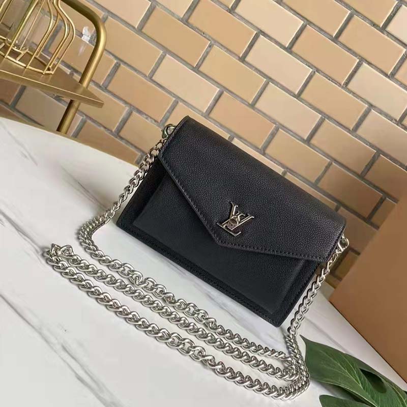 Louis Vuitton LV Unisex Mylockme Chain Pochette Black Soft Grained Calfskin Clutch