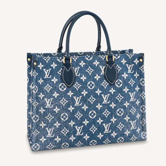 Louis Vuitton LV Unisex Onthego MM Tote Navy Blue Jacquard Textile Calf