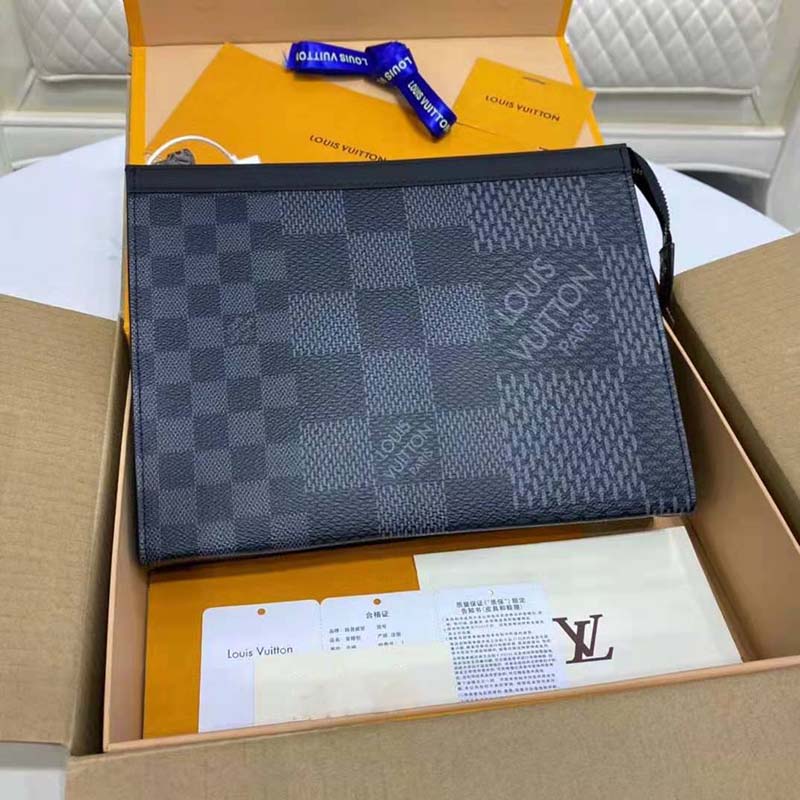 Louis Vuitton LV Unisex Pochette Voyage Gray Damier Graphite 3D Coated Canvas Clutch