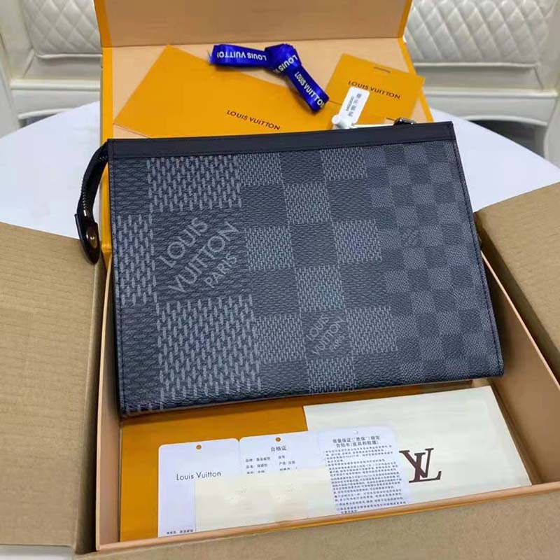 Louis Vuitton LV Unisex Pochette Voyage Gray Damier Graphite 3D Coated Canvas Clutch